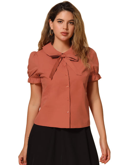 Allegra K Women's Vintage Peter Pan Collar Tie Neck Casual Cute Cotton Button-Up Shirt