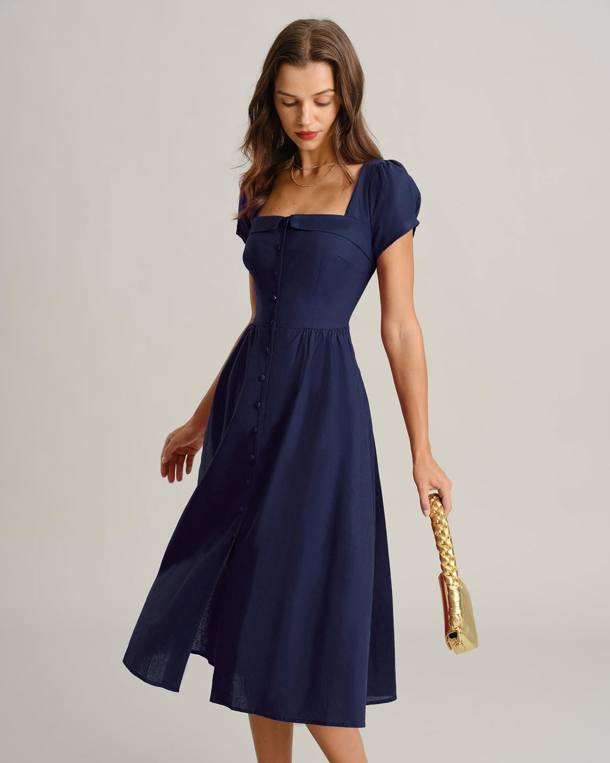 RIHOAS Elegant Casual Dresses for Women Short Sleeve Puff Square Neck A-Line Midi Dress