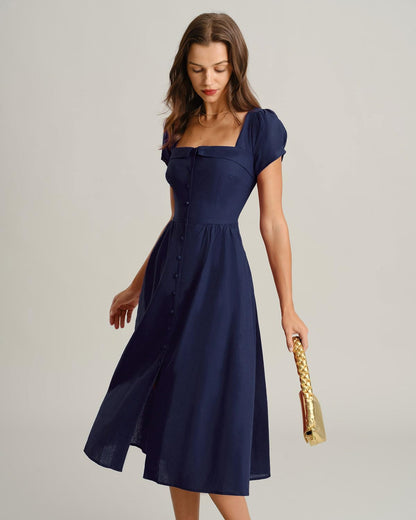 RIHOAS Elegant Casual Dresses for Women Short Sleeve Puff Square Neck A-Line Midi Dress