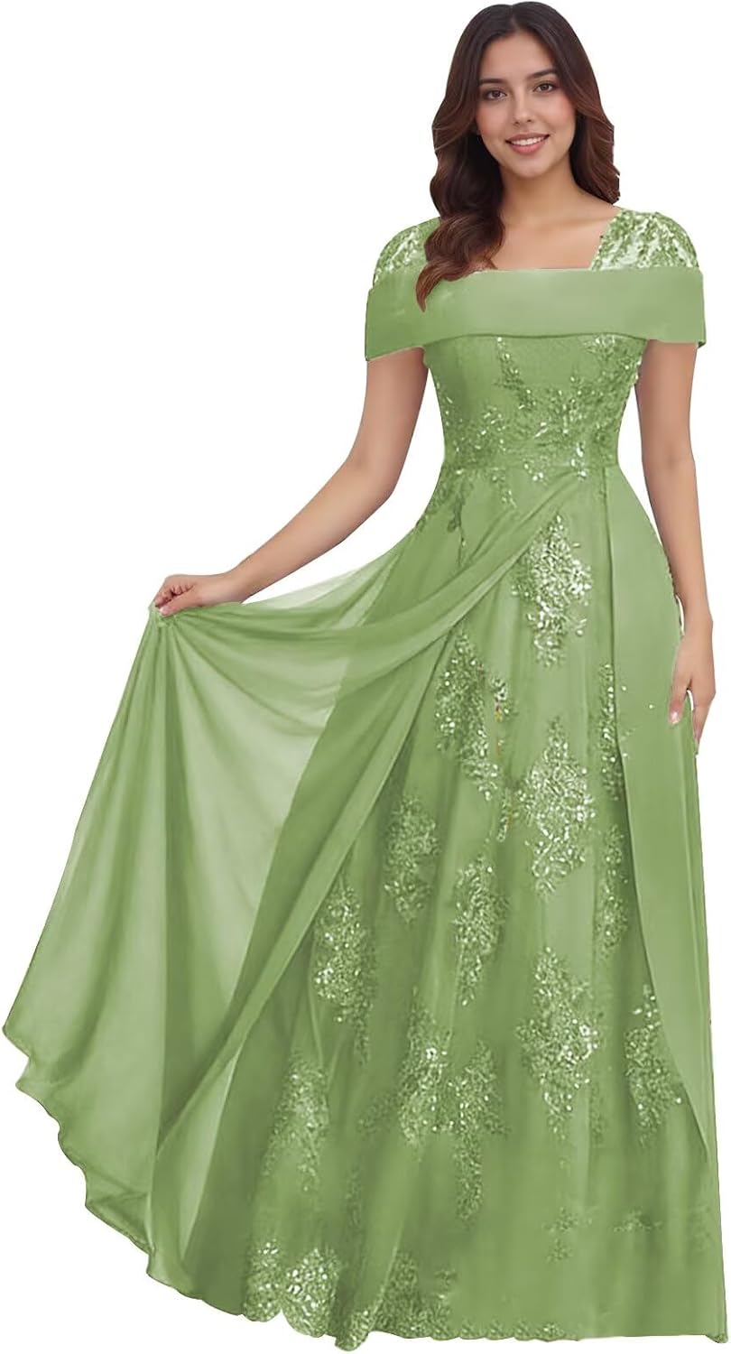 Lace Sequin Applique Mother of The Bride Dresses for Wedding Cap Sleeve A Line Long Wedding Guest Dresses for Women