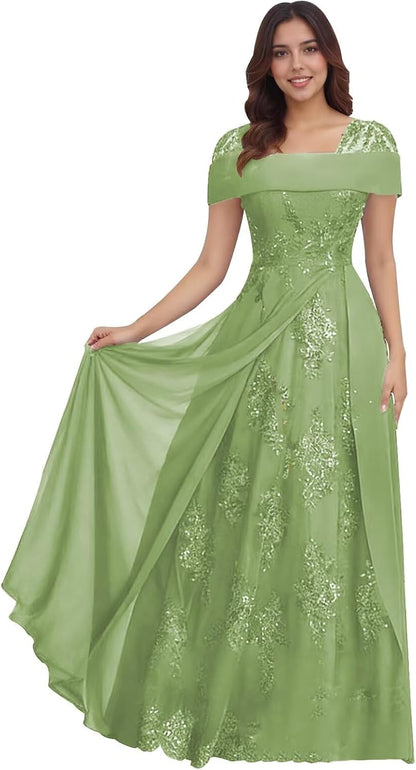 Lace Sequin Applique Mother of The Bride Dresses for Wedding Cap Sleeve A Line Long Wedding Guest Dresses for Women