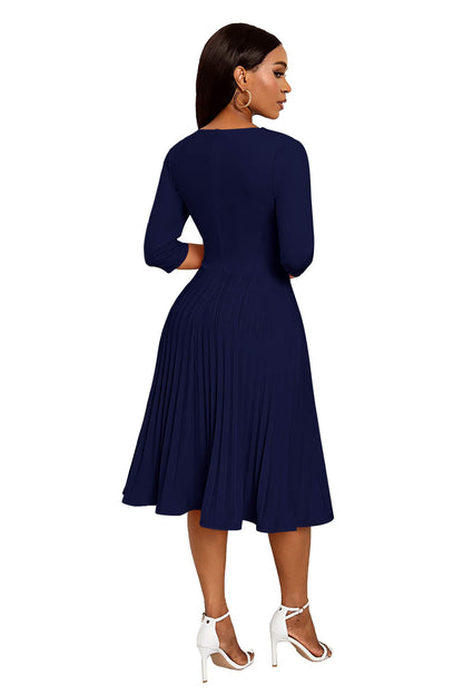 CLOCOR Midi Dresses for Women, 3/4 Sleeve A Line Pleated Casual Dress V Neck Church Cocktail Wedding Guest Dress