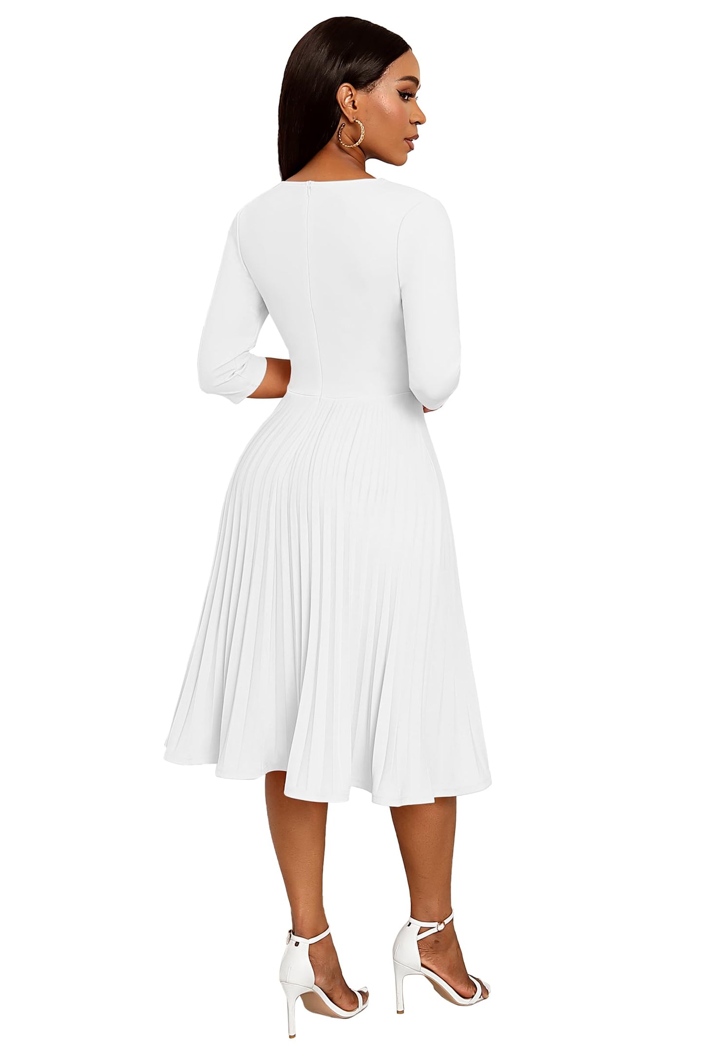 CLOCOR Midi Dresses for Women, 3/4 Sleeve A Line Pleated Casual Dress V Neck Church Cocktail Wedding Guest Dress