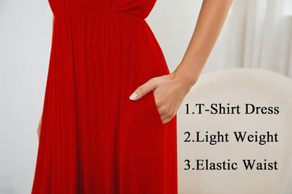 AUOMITH Women's 2026 Summer Short Sleeve Empire High Waist Long Maxi Dress with Pockets