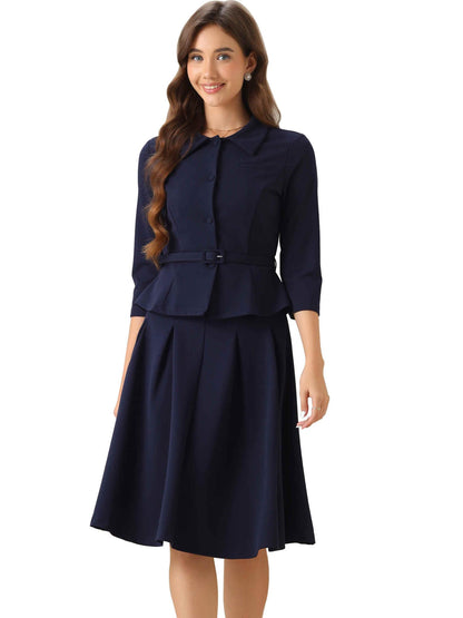 Allegra K Business Skirt Suit Sets for Women's 2 Piece Outfits Office 3/4 Sleeve Blazer Jacket Pleated Skirts