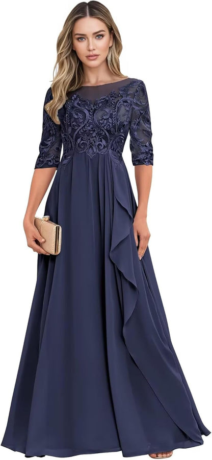 Long Mother of The Bride Dresses for Wedding Guest Half Sleeves Ruffle A Line Evening Party Gown HX012