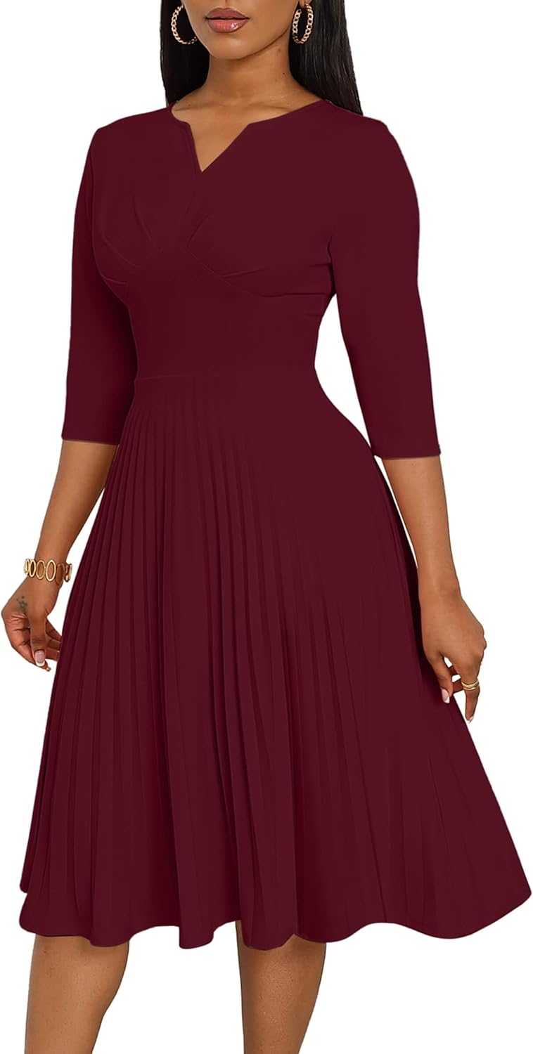 CLOCOR Midi Dresses for Women, 3/4 Sleeve A Line Pleated Casual Dress V Neck Church Cocktail Wedding Guest Dress