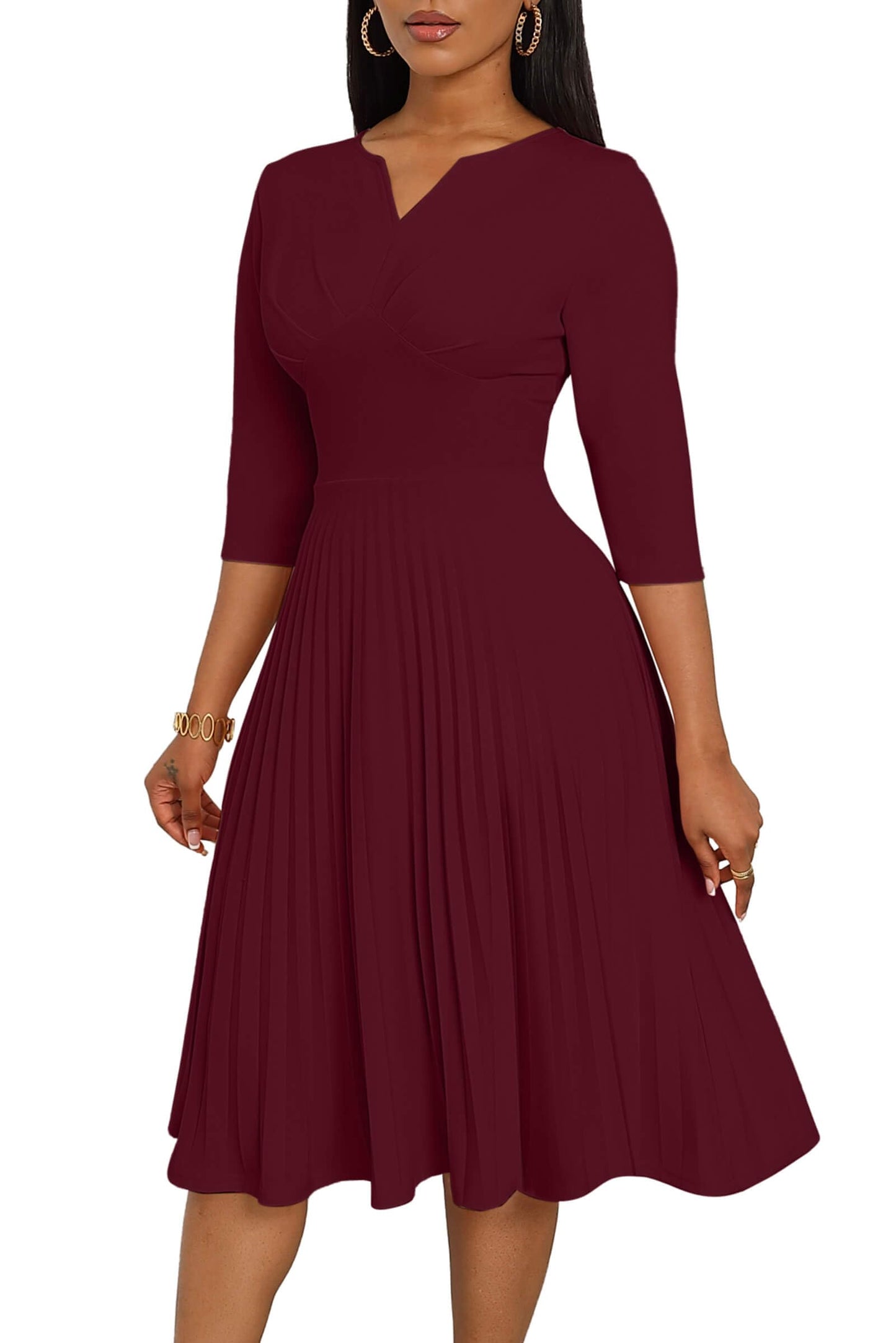 CLOCOR Midi Dresses for Women, 3/4 Sleeve A Line Pleated Casual Dress V Neck Church Cocktail Wedding Guest Dress