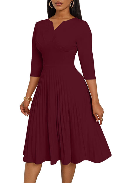 CLOCOR Midi Dresses for Women, 3/4 Sleeve A Line Pleated Casual Dress V Neck Church Cocktail Wedding Guest Dress