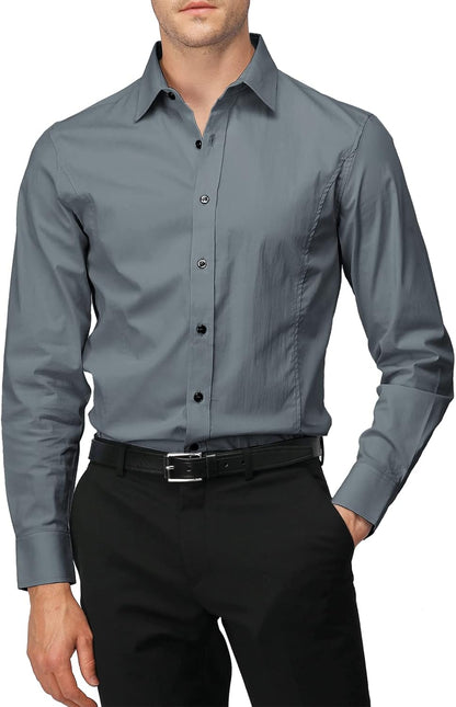 H2H Mens Slim Fit Dress Shirts Stretch Long Sleeve Basic Formal Shirts Solid Business Casual Button Down Shirts