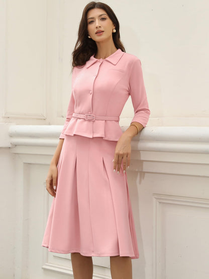 Allegra K Business Skirt Suit Sets for Women's 2 Piece Outfits Office 3/4 Sleeve Blazer Jacket Pleated Skirts