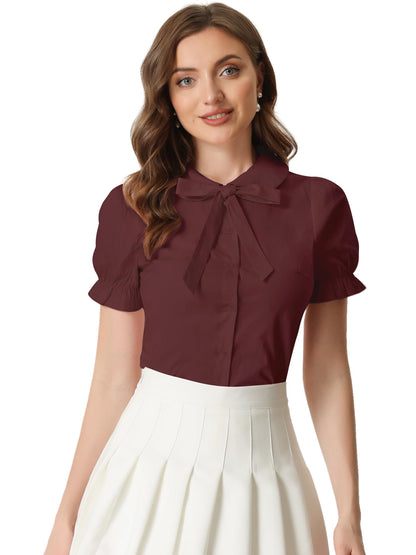 Allegra K Women's Vintage Peter Pan Collar Tie Neck Casual Cute Cotton Button-Up Shirt