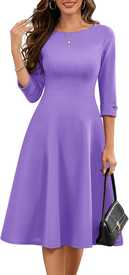 HomRain Women's Fit and Flare Midi Dress-3/4 Sleeve Modest Church Dress Classy Causal Work Dresses with Pockets