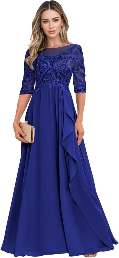 Long Mother of The Bride Dresses for Wedding Guest Half Sleeves Ruffle A Line Evening Party Gown HX012