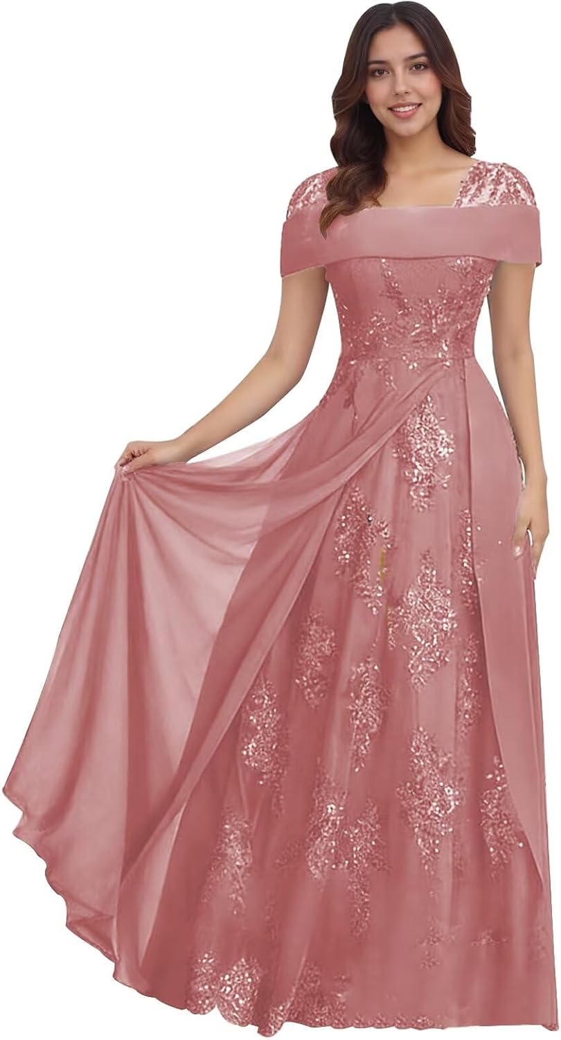 Lace Sequin Applique Mother of The Bride Dresses for Wedding Cap Sleeve A Line Long Wedding Guest Dresses for Women
