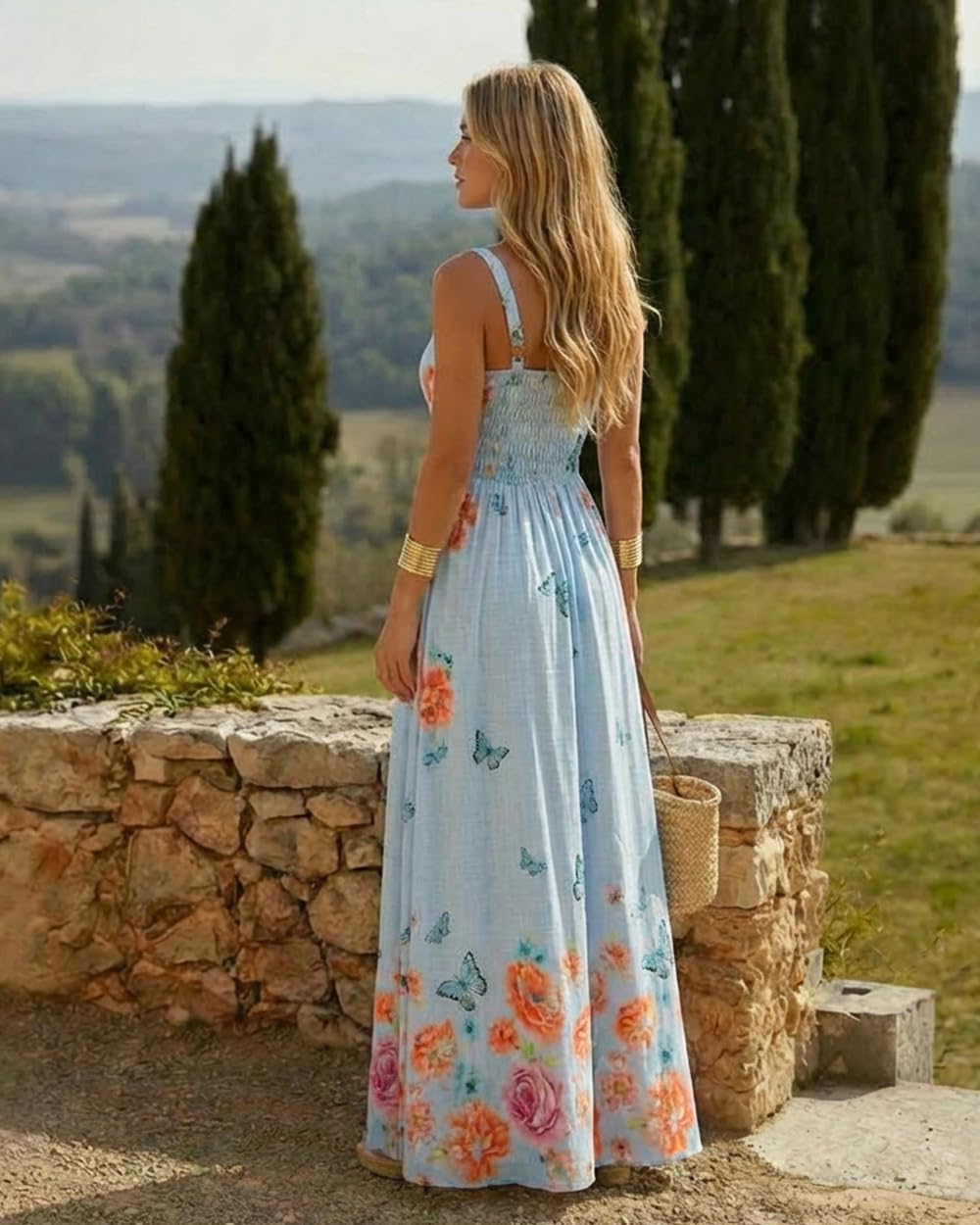 CHICME Women’s Floral Butterfly Print Linen Maxi Dress Quare Neck Strap Shirred Bodice Flowy Boho Summer Beach Dress