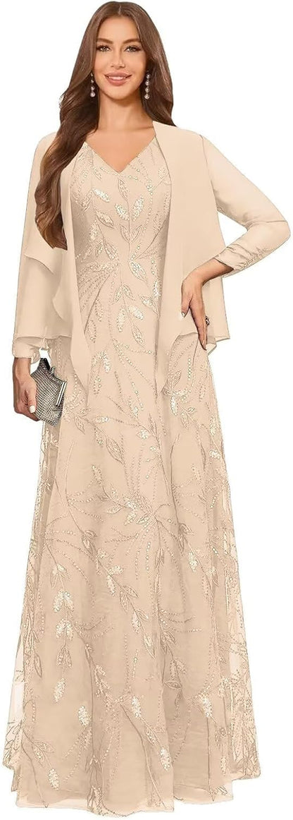 2 Piece Sequin Lace Mother of The Bride Dresses for Women with Jacket V Neck Long Formal Dresses Evening Gown