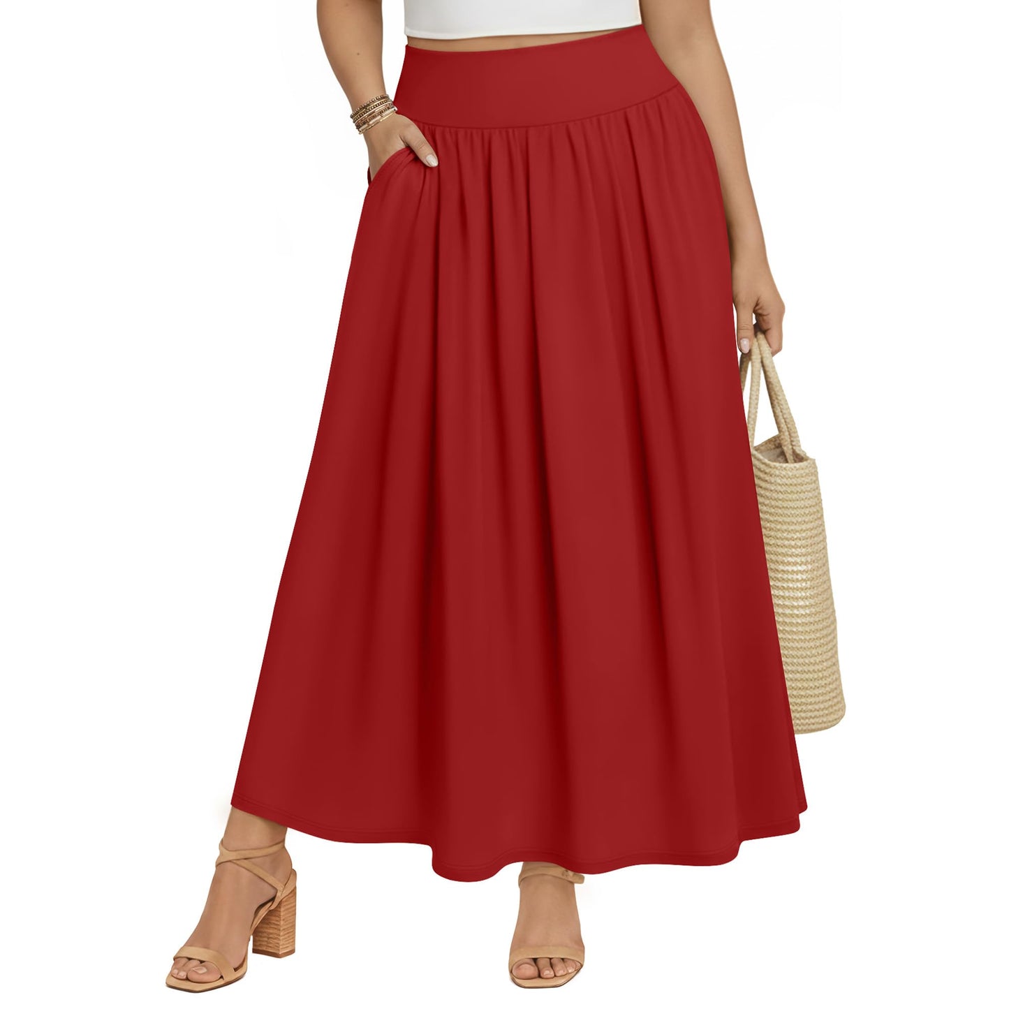 Plus Size Maxi Skirt for Curvy Women Pockets 2026 Ankle Length High Waisted Pleated Flowy a Line Summer Long Skirt