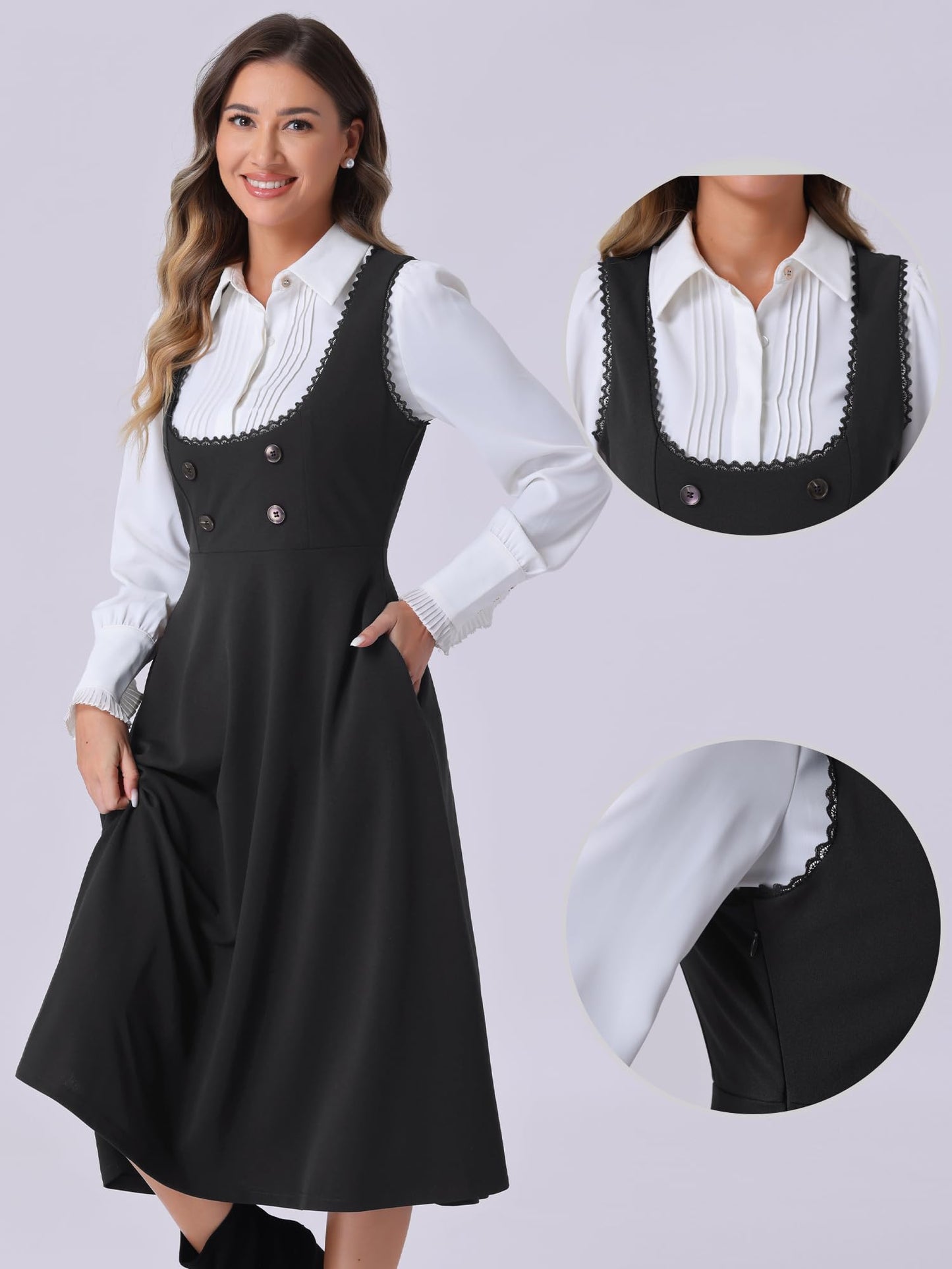 Allegra K Vintage Pinafore Dress for Women's 1950s Lace Trrim Midi Overall Dress with Pockets