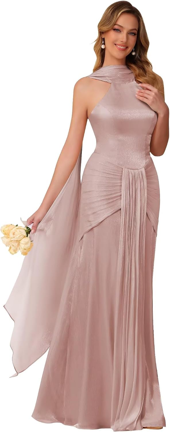 Halter Bridesmaid Dresses Long with Scarf Shimmer Chiffon Formal Dress Pleated Mermaid Evening Gowns for Women