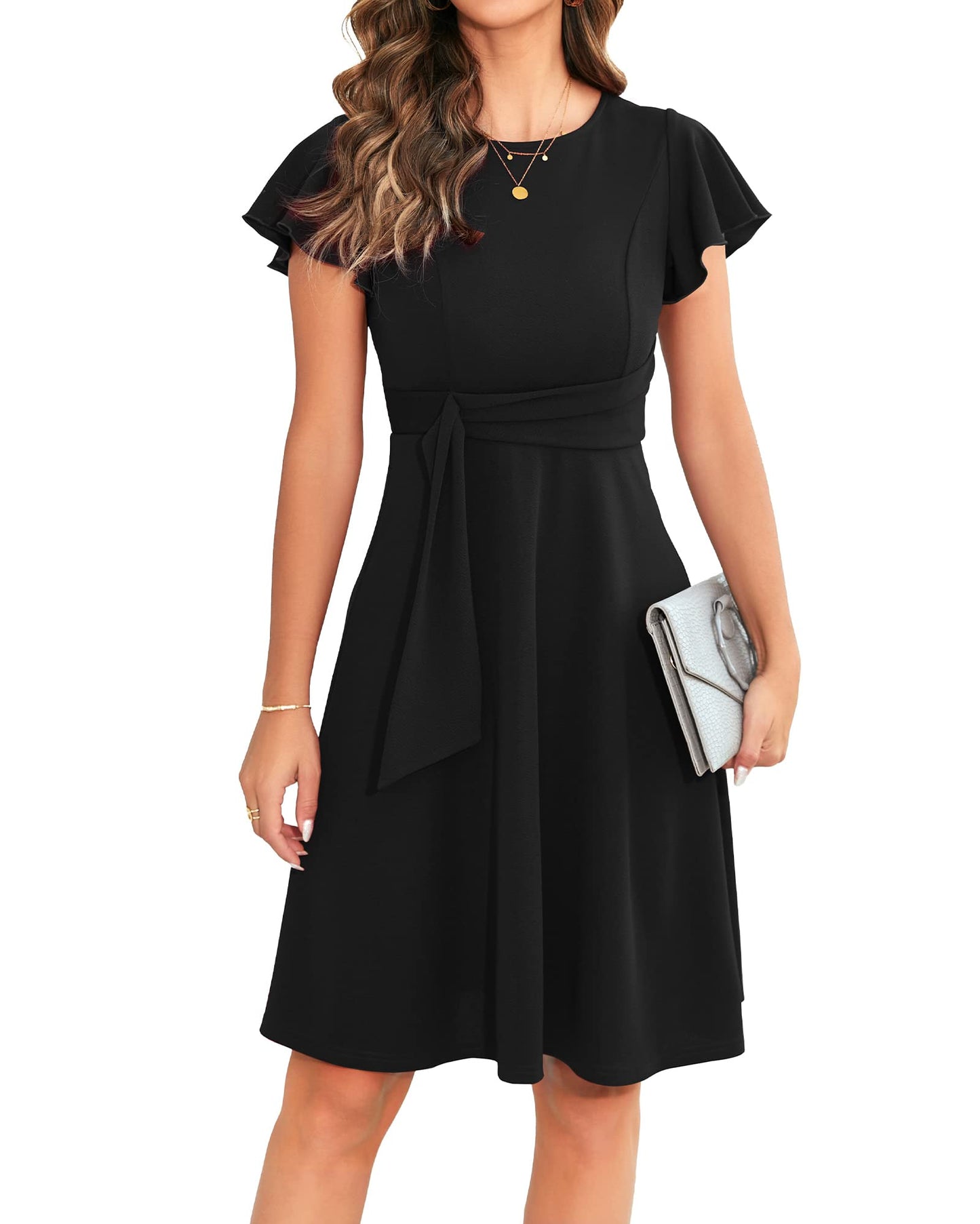OWIN Womens 2026 Elegant Ruffle Sleeve Flared A Line Swing Casual Party Cocktail Dresses