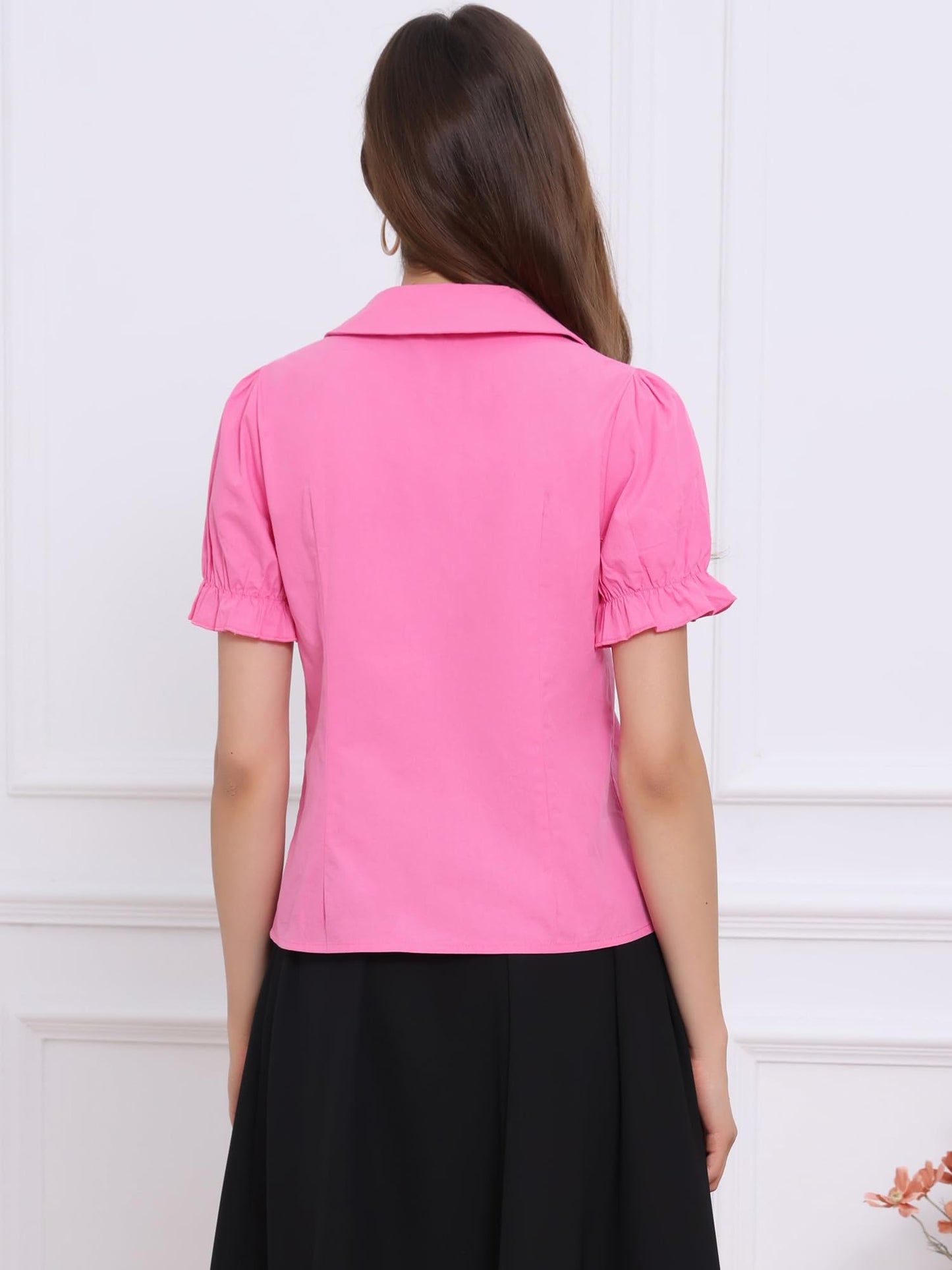 Allegra K Women's Vintage Peter Pan Collar Tie Neck Casual Cute Cotton Button-Up Shirt