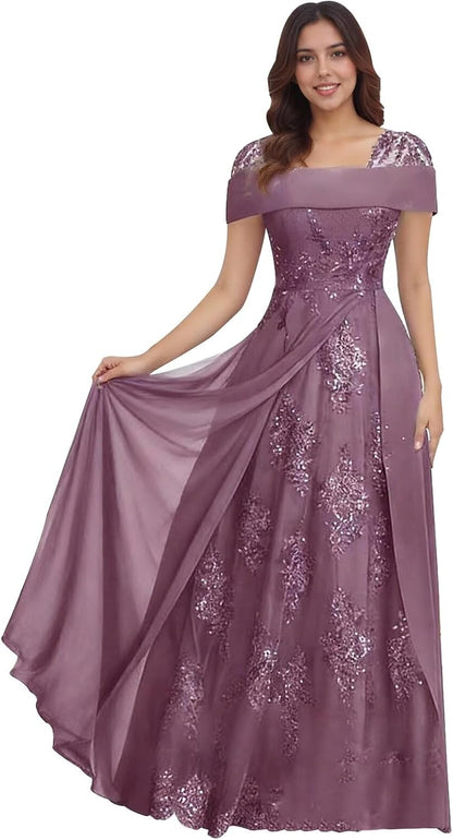 Lace Sequin Applique Mother of The Bride Dresses for Wedding Cap Sleeve A Line Long Wedding Guest Dresses for Women