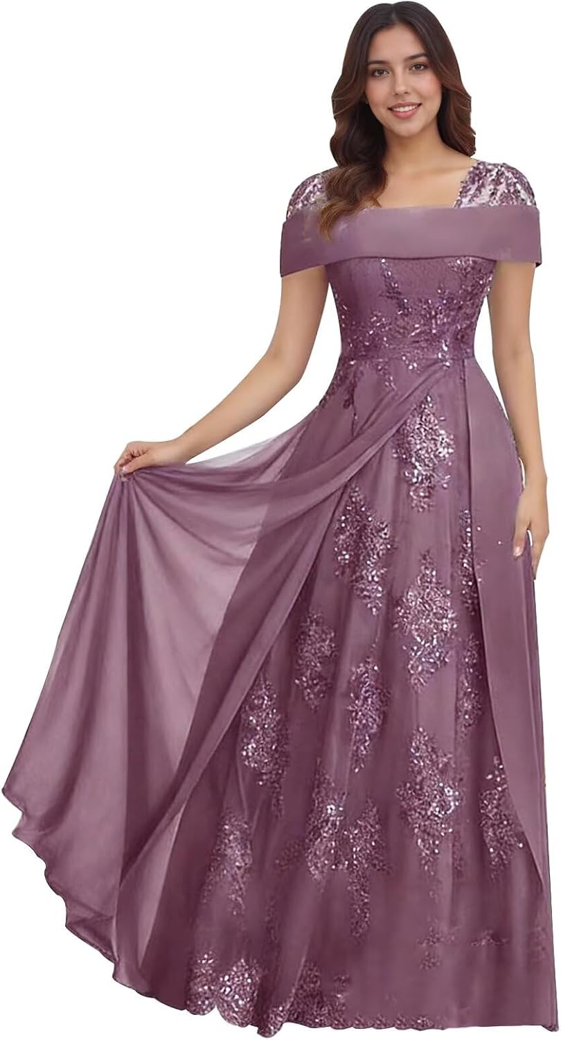 Lace Sequin Applique Mother of The Bride Dresses for Wedding Cap Sleeve A Line Long Wedding Guest Dresses for Women