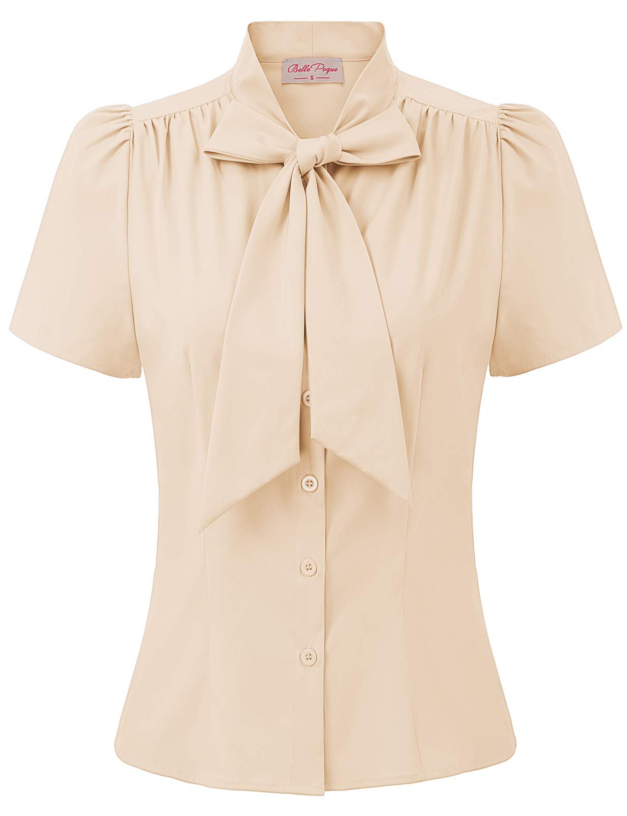Belle Poque Summer Short Sleeve Office Button Down Blouse Stripe Shirt Tops with Bow Tie BP573