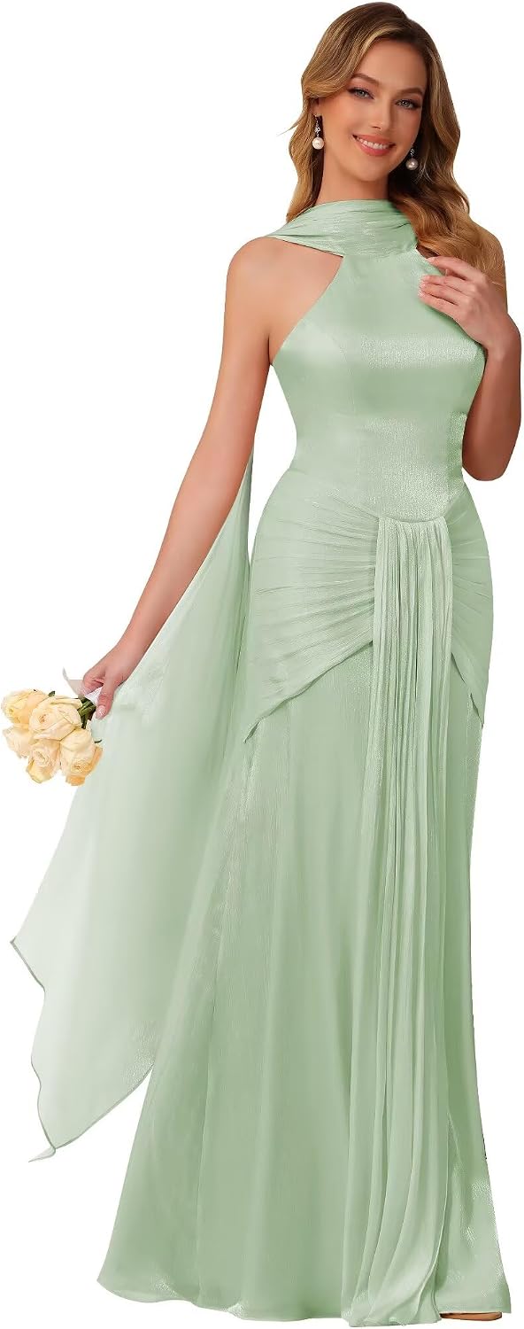 Halter Bridesmaid Dresses Long with Scarf Shimmer Chiffon Formal Dress Pleated Mermaid Evening Gowns for Women