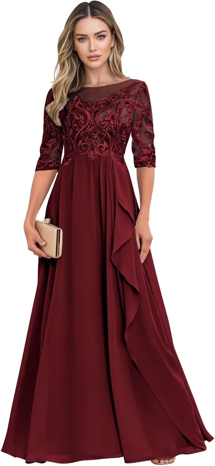 Long Mother of The Bride Dresses for Wedding Guest Half Sleeves Ruffle A Line Evening Party Gown HX012
