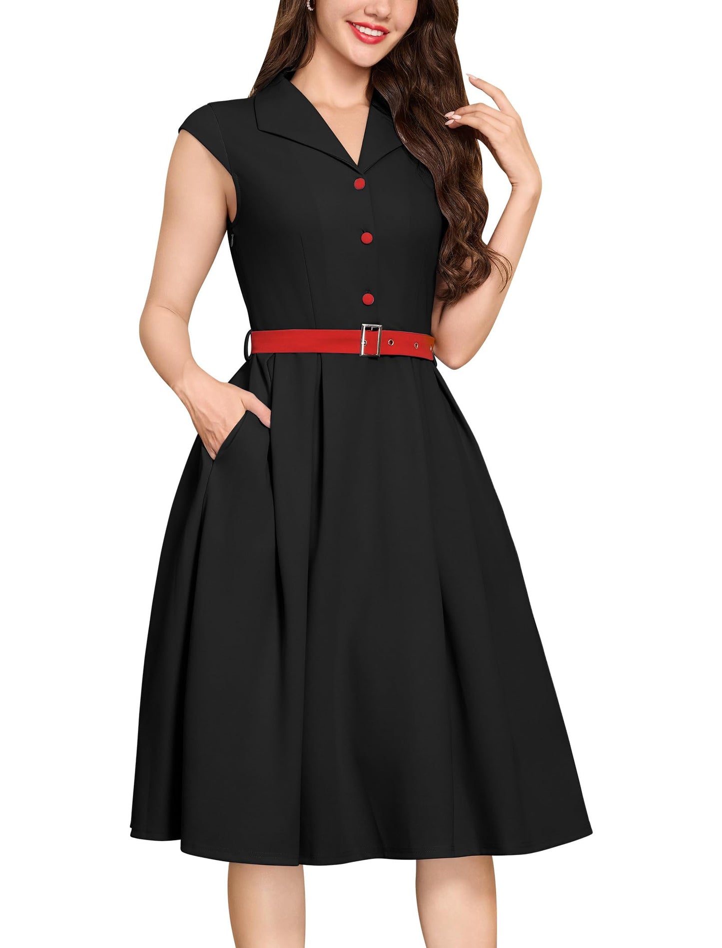 Women's 1950s Retro Dress Sleeveless Cocktail Prom Swing Midi Belt Dresses with Pockets Vintage Style