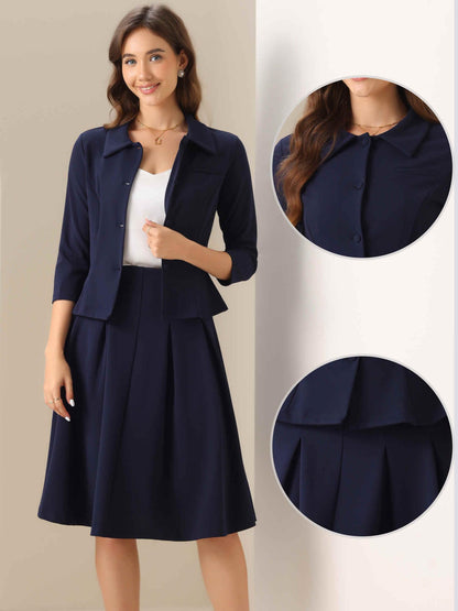 Allegra K Business Skirt Suit Sets for Women's 2 Piece Outfits Office 3/4 Sleeve Blazer Jacket Pleated Skirts