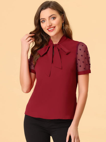 Allegra K Women's Bow Tie Neck V Neck Stand Collar Short Mesh Sleeve Blouse