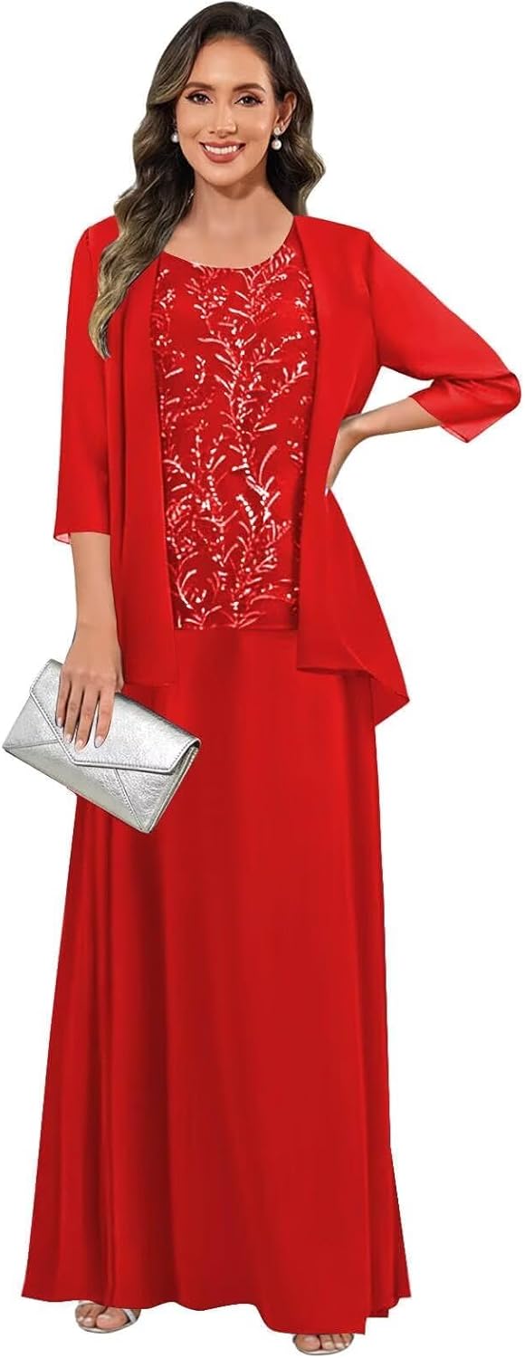 3 Pieces Mother of The Bride Dresses for Women 3/4 Sleeves Chiffon Lace Long Formal Wedding Guest Dress