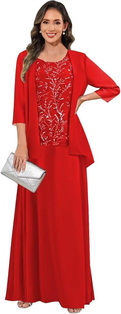 3 Pieces Mother of The Bride Dresses for Women 3/4 Sleeves Chiffon Lace Long Formal Wedding Guest Dress