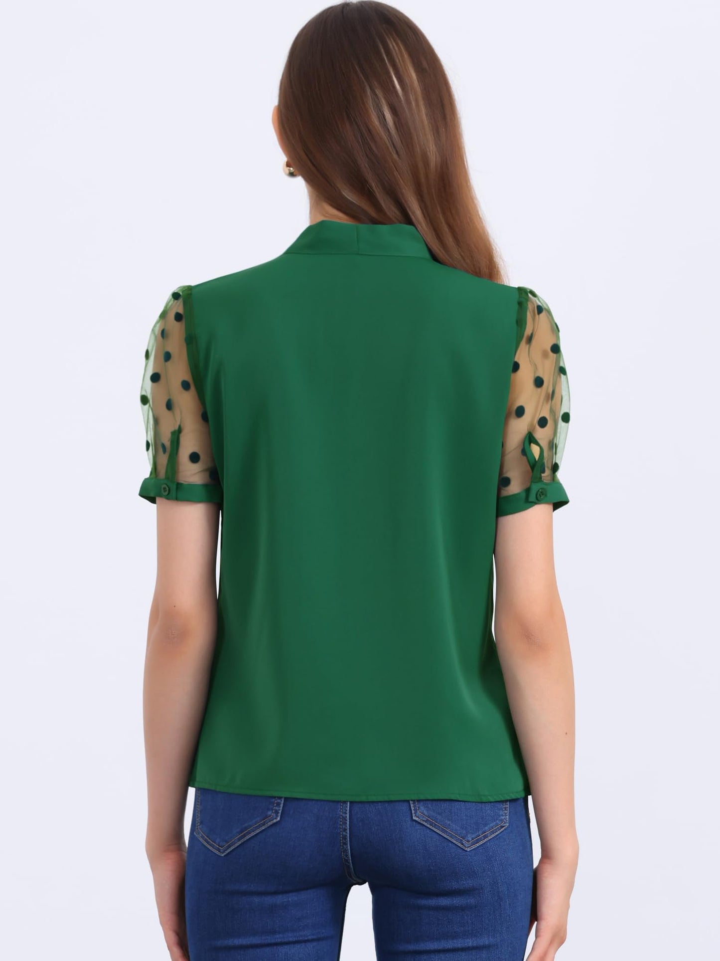 Allegra K Women's Bow Tie Neck V Neck Stand Collar Short Mesh Sleeve Blouse