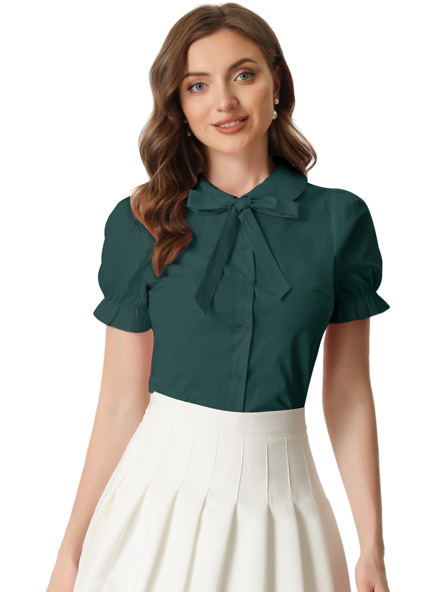 Allegra K Women's Vintage Peter Pan Collar Tie Neck Casual Cute Cotton Button-Up Shirt