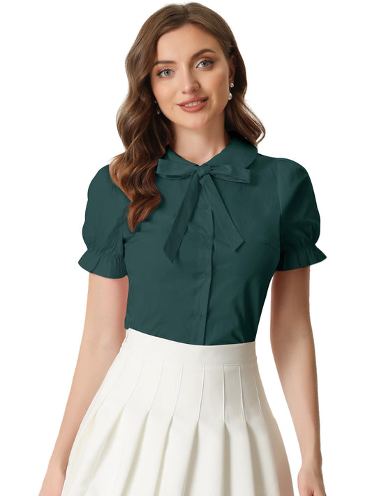 Allegra K Women's Vintage Peter Pan Collar Tie Neck Casual Cute Cotton Button-Up Shirt
