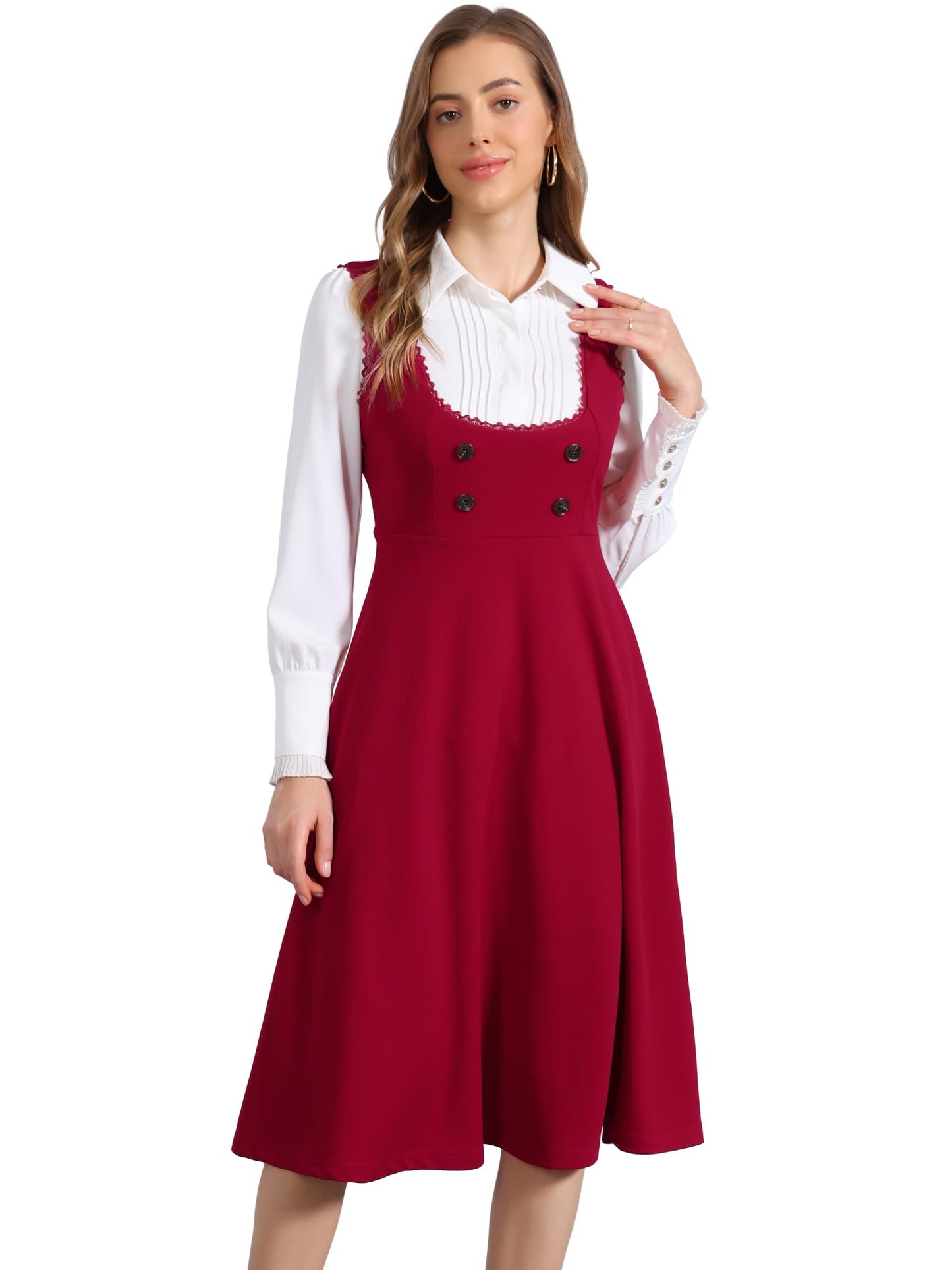 Allegra K Vintage Pinafore Dress for Women's 1950s Lace Trrim Midi Overall Dress with Pockets