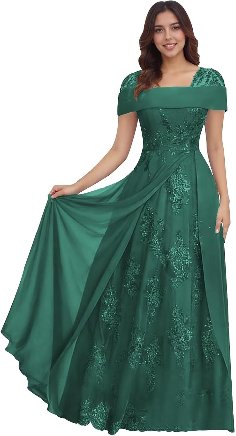 Lace Sequin Applique Mother of The Bride Dresses for Wedding Cap Sleeve A Line Long Wedding Guest Dresses for Women