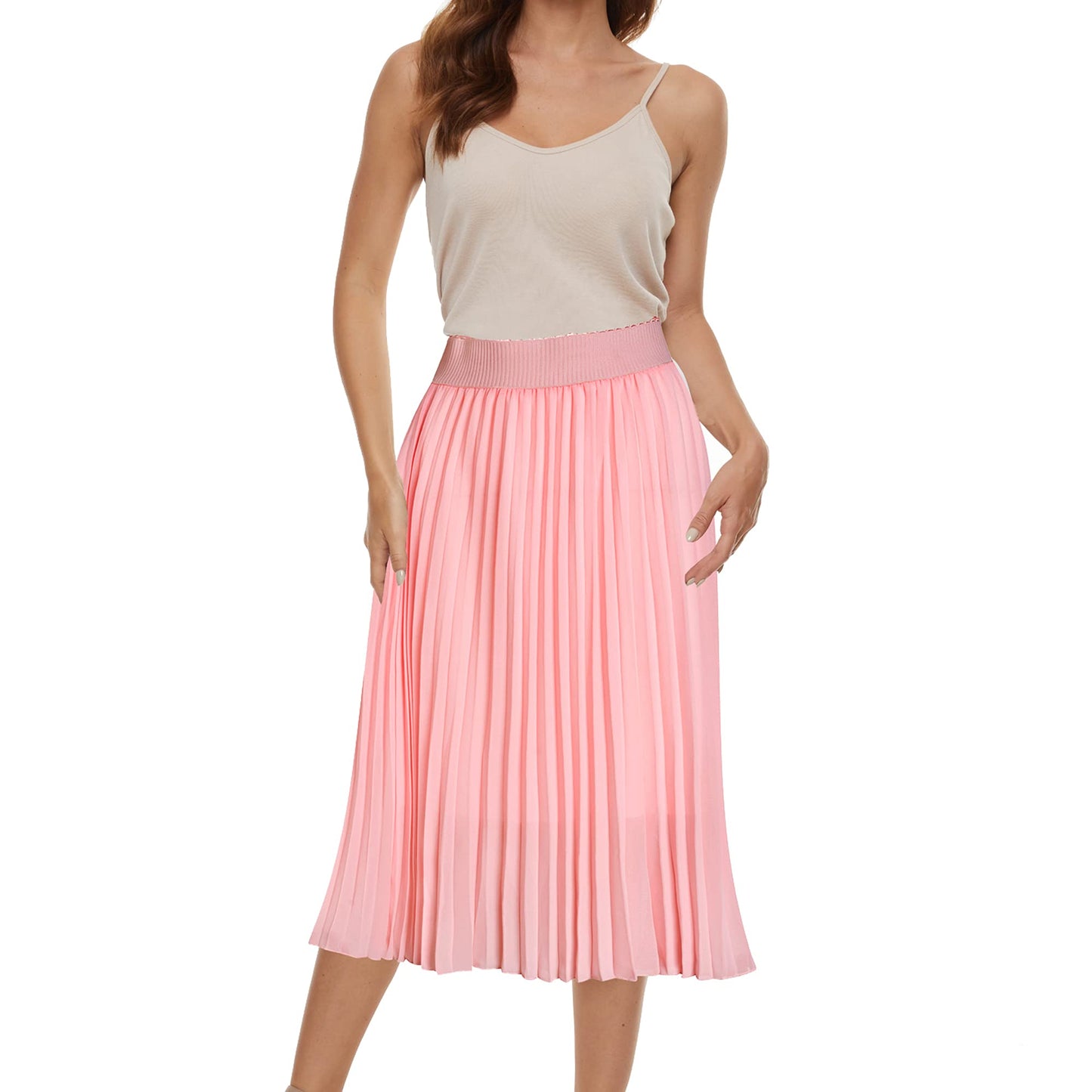 Womens Chiffon High Waist Skirt Pleated A-Line Swing Elastic Shirring Midi Length