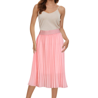 Womens Chiffon High Waist Skirt Pleated A-Line Swing Elastic Shirring Midi Length