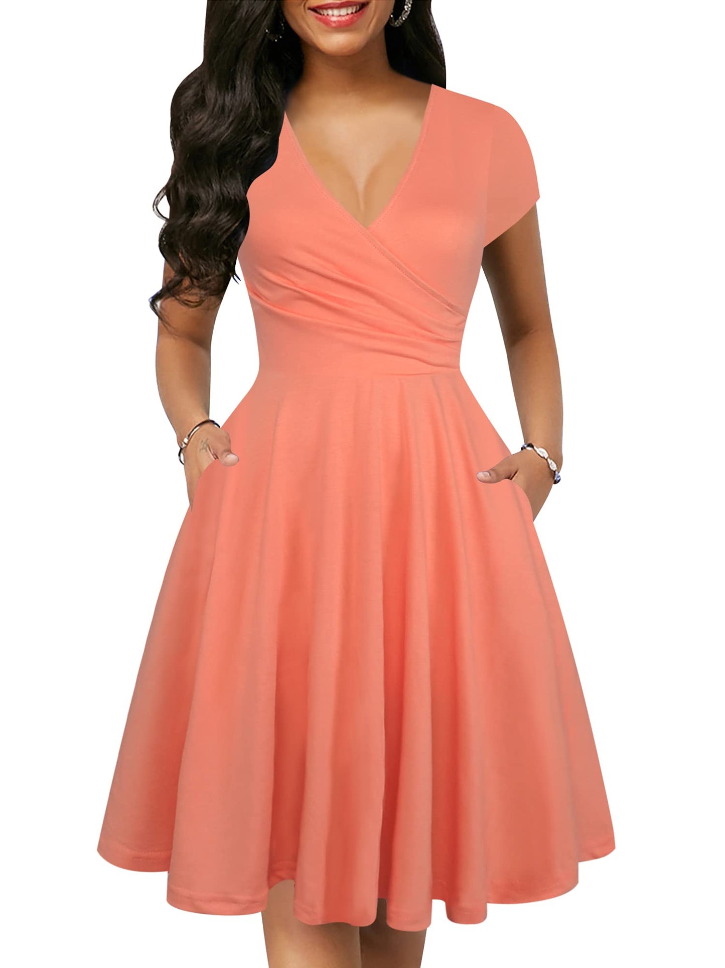 oxiuly Women's Vintage Dot V-Neck Cap Sleeve Casual Pockets Swing Tea Dress OX296