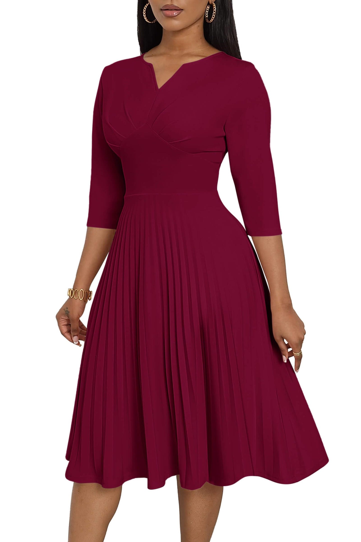 CLOCOR Midi Dresses for Women, 3/4 Sleeve A Line Pleated Casual Dress V Neck Church Cocktail Wedding Guest Dress