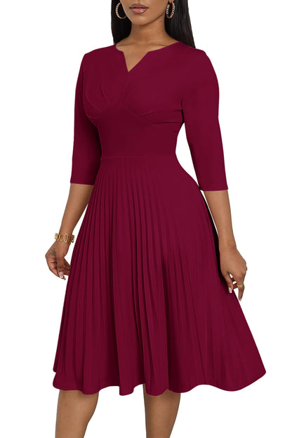 CLOCOR Midi Dresses for Women, 3/4 Sleeve A Line Pleated Casual Dress V Neck Church Cocktail Wedding Guest Dress