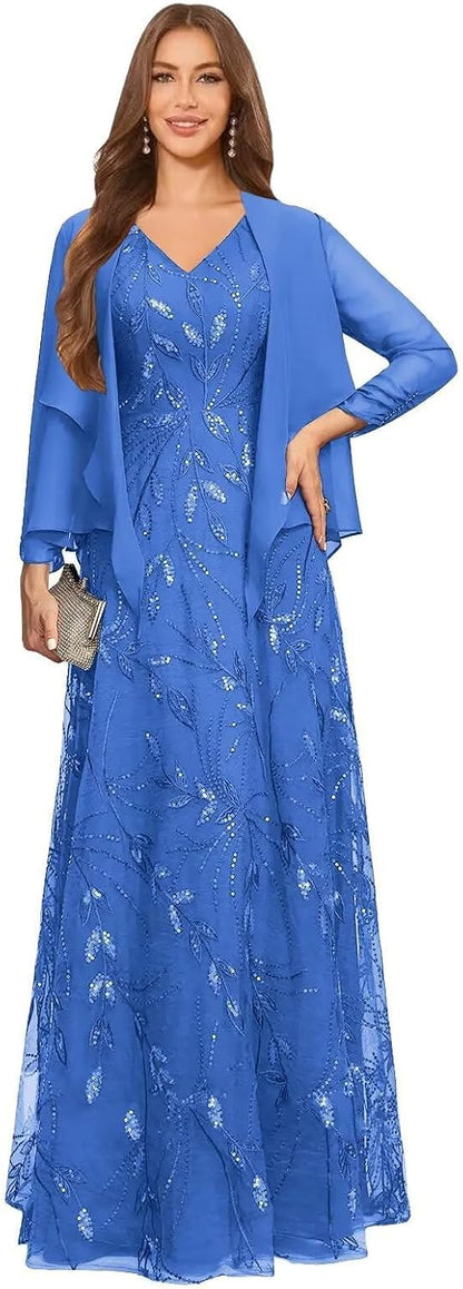2 Piece Sequin Lace Mother of The Bride Dresses for Women with Jacket V Neck Long Formal Dresses Evening Gown