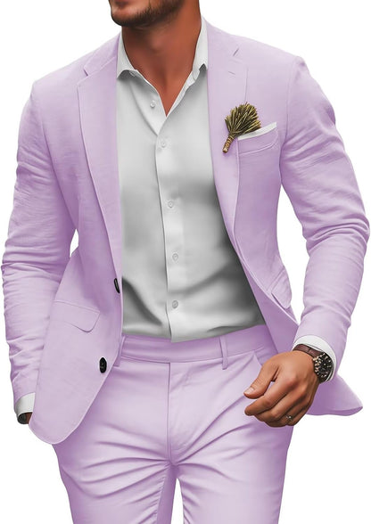 Retro Linen Mens Suit 2 Pieces Slim Fit Light Weight Beach Summer Wedding Tuxedo Set Jacket Blazer Pants for Men