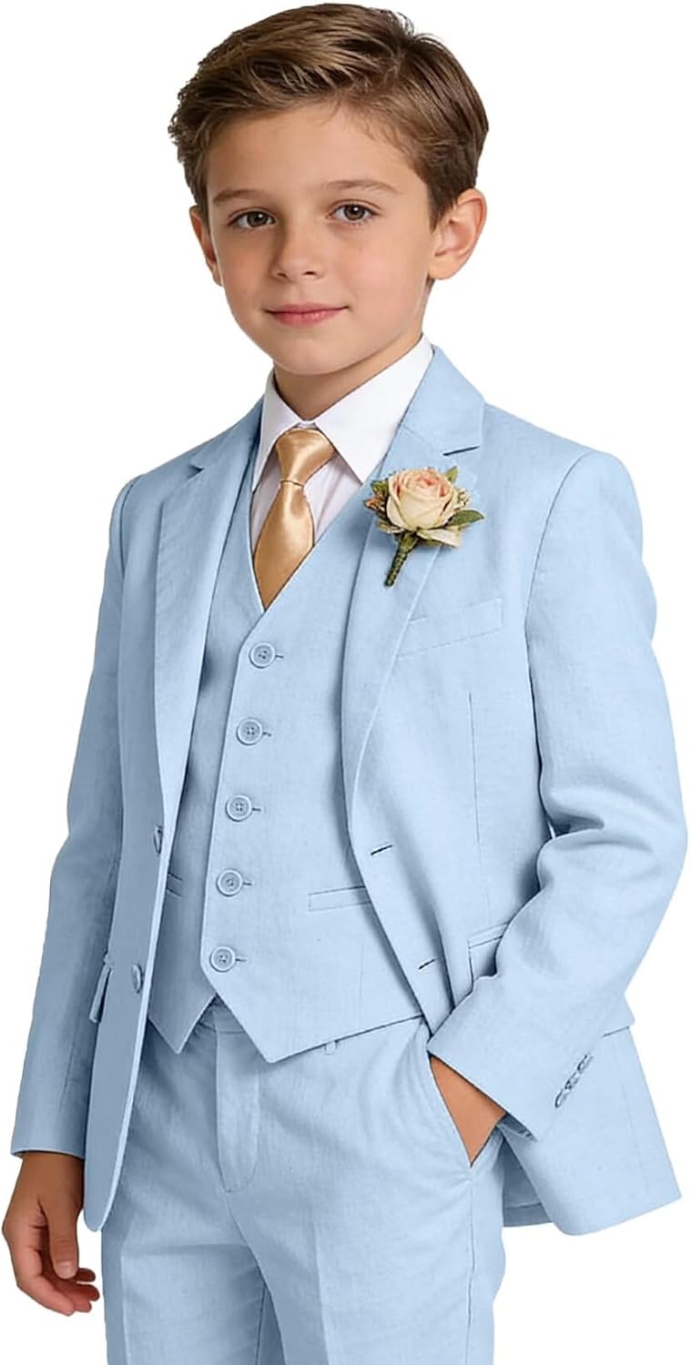 Boys Linen Suit Formal 3 Piece Toddler Tuxedo for Summer Beach Wedding Outfit Slim Fit Kids Suits Jacket Vest Pants