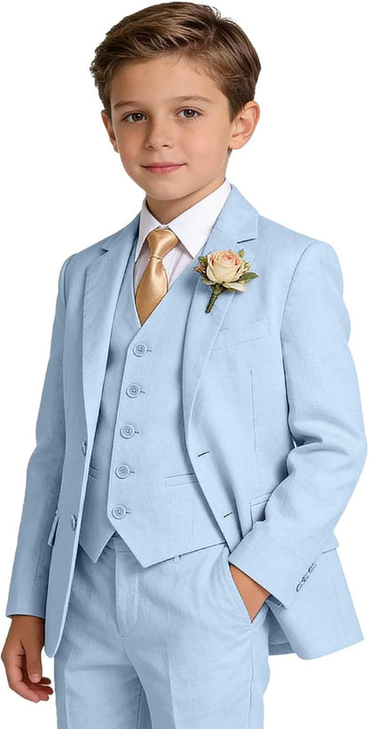 Boys Linen Suit Formal 3 Piece Toddler Tuxedo for Summer Beach Wedding Outfit Slim Fit Kids Suits Jacket Vest Pants